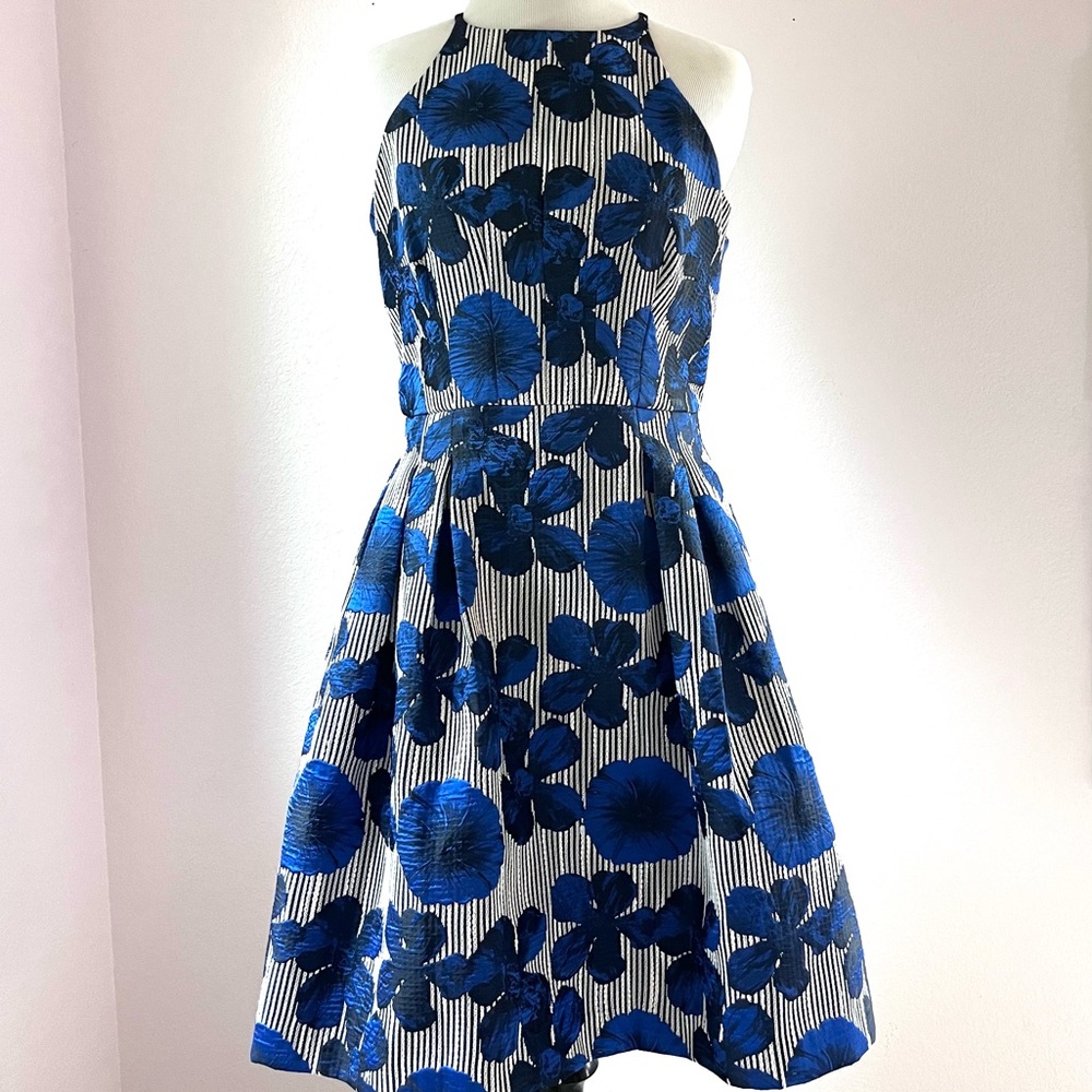 Badgley Mischka Blue and White Striped Floral Party Dress